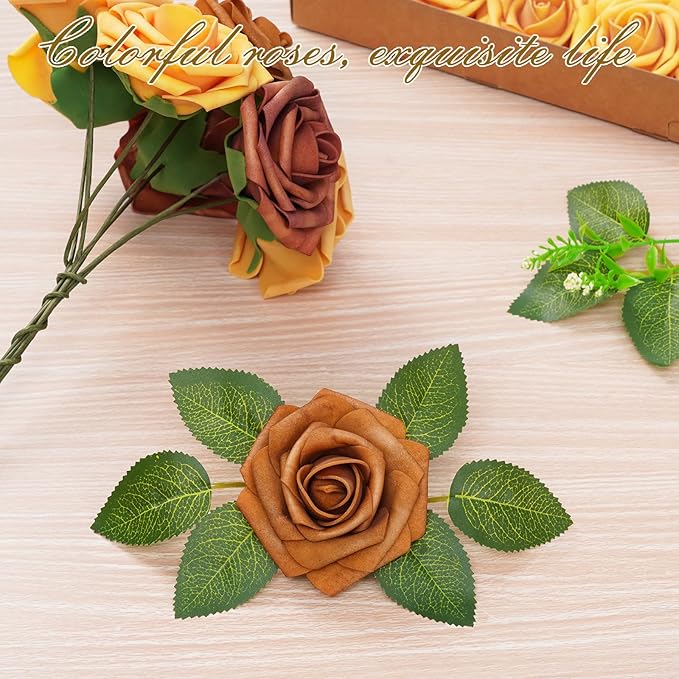 BLEUM CADE 16Pcs Artificial Flowers Fake Roses with Stems, Gradient Burnt Orange Boxed Foam Roses for DIY Bouquets Centerpieces Wedding Party Arrangement Bridal Shower Decor