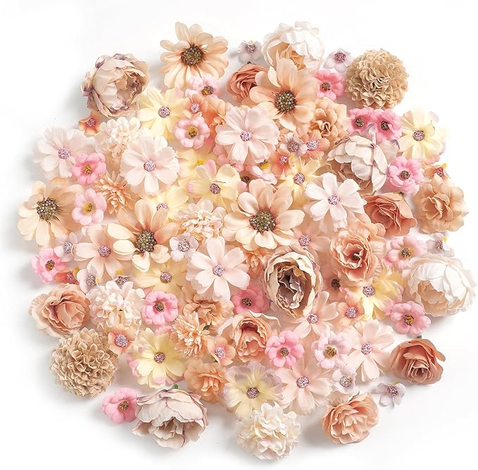 Faux Flower Heads Champagne Small Silk Artificial Flower DIY Fake Mini Flowers Rose Daisy Multicolor Flowers Craft Supplies for Wedding Party Wreath Graduation Season Party Home Decor