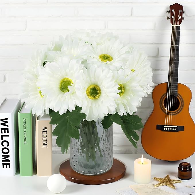 IPOPU 2 Bundles Artificial Gerbera Daisy Flower 14 Heads White Fake Chrysanthemums with Stems Faux Silk Daisy Flower for Wedding Bridal Bouquet Floral Arrangements Home Table Centerpiece Decor (White)