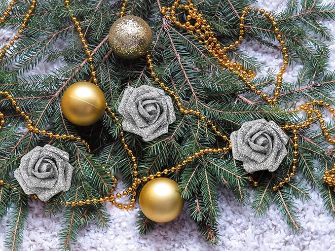 IPOPU Silver Roses Artificial Flowers,50pcs Glitter Flowers Fake Foam Roses with Stem for DIY Wedding Bridal Bouquet Home Party Christmas Decoration(Silver)