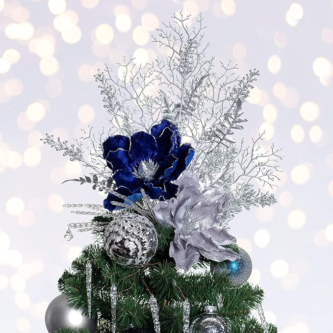 KI Store Blue Velvet Magnolia Flowers Pack of 6 Oversize Artificial Christmas Poinsettia Floral Picks Stems for Xmas Tree Wedding Centerpiece Decorations