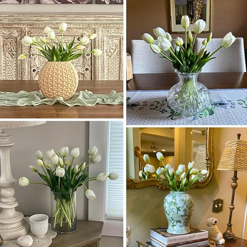 10PCS White Fake Tulips Artificial Flowers Real Touch Latex Faux Tulips UV Resistant Fake Flowers Bouquet for Table Home Decor Party Wedding Garden Decoration