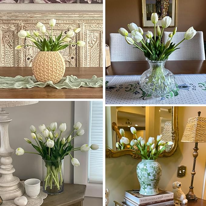 20PCS White Fake Tulips Artificial Flowers Real Touch Latex Faux Tulips UV Resistant Fake Flowers Bouquet for Table Home Decor Party Wedding Garden Decoration