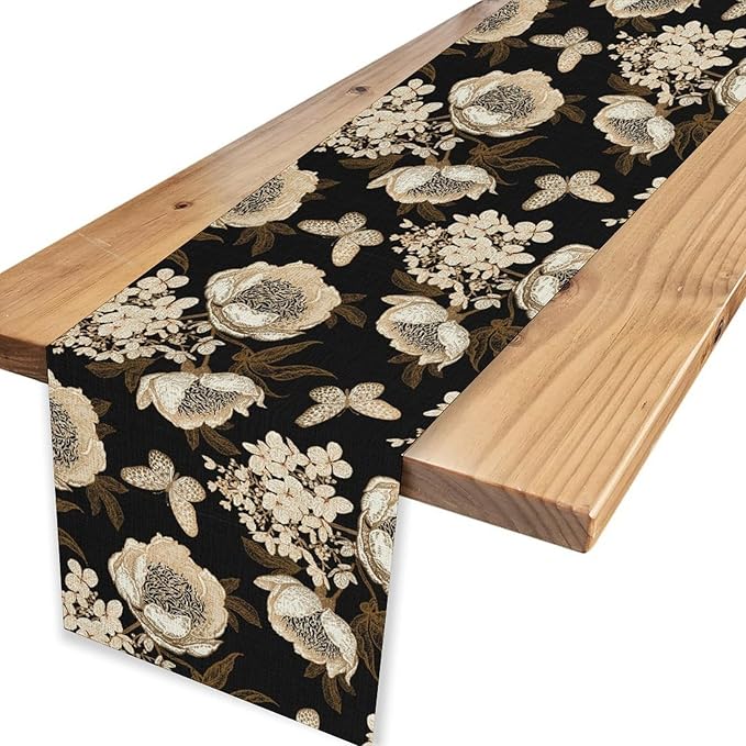 Boho Floral Table Runner, Retro Bohemian Abstract Flower Leaves Black Gothic Print Table Center Decor for Family Kitchen Table Decorations Indoor Outdoor 13x36 inch