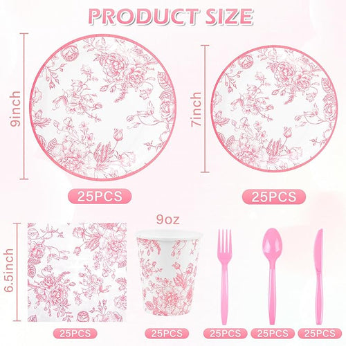 175Pcs Pink Floral Paper Plates and Napkins 25 Guests Pink White Toile Chinoiserie Party Supplies Set Include Plates Napkins Cups Spoons Forks Knives for Christmas Birthday Wedding Mother's Day