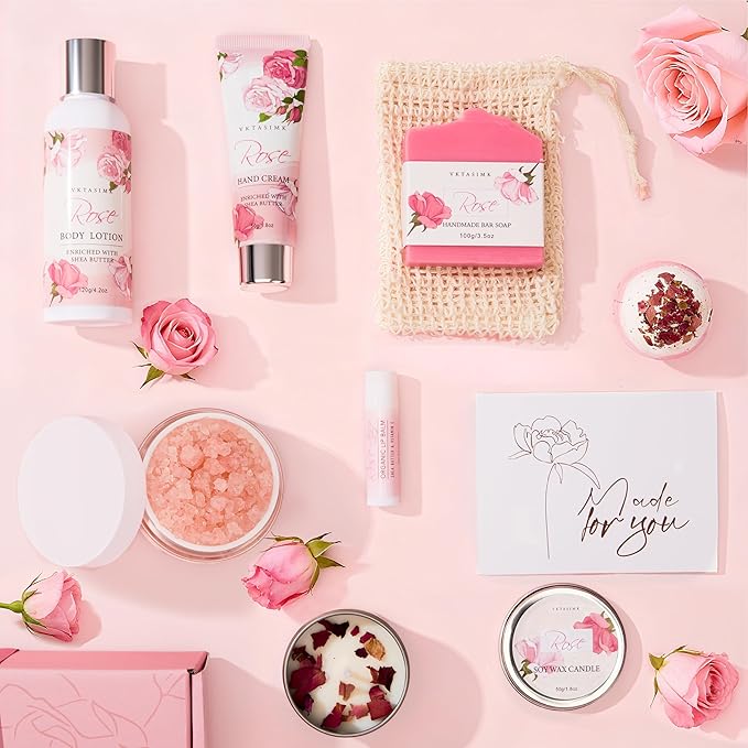 Gifts for Women, Birthday Gifts for Women, Bath and Body Gift Basket Mothers Day Gifts, Rose Home Spa Set Self Care Gift, Thank You for Mom Sister Her Teacher Friends Friendship