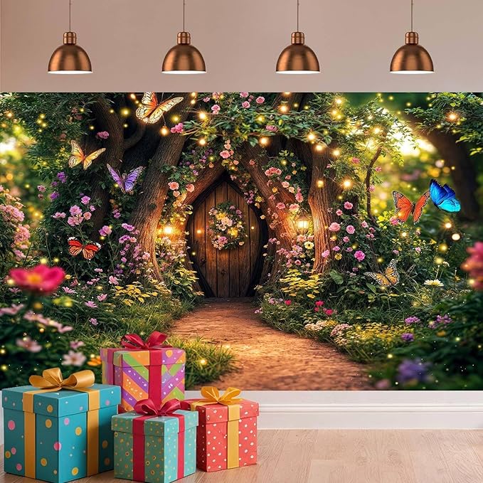 15X10ft Enchanted Forest Backdrop Fairy Tale Garden Wonderland Floral Butterfly Photography Background for Kids Girl Baby Shower Birthday Party Decoration Banner Cake Table Photo Booth Props