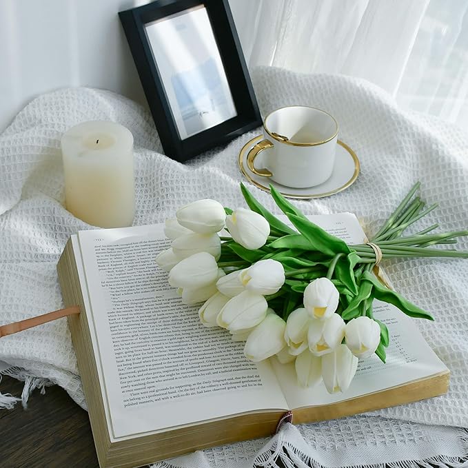 Mandy's Artificial Tulips 20 Stems White PU Faux Flowers for Thanksgiving and Christmas Decorations Wedding Home Decor 13.5 Inch