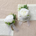Artificial Flowers White Rose Wrist Flowers and Men's Corsage Wedding Flowers Ceremony Prom Flower (1 Boutonniere & 1 Wrist Corsage White)