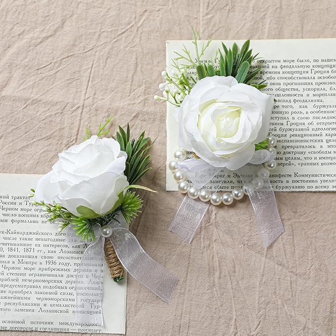 Artificial Flowers White Rose Wrist Flowers and Men's Corsage Wedding Flowers Ceremony Prom Flower (1 Boutonniere & 1 Wrist Corsage White)