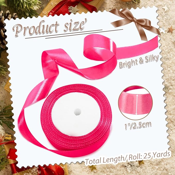 Luomorgo 1 Inch Hot Pink Satin Ribbon, 25 Yards Solid Color Ribbon, Fabric Ribbon for Gift Wrapping, Flower Bouquet, DIY Craft, Sewing, Wedding, Birthday Party Decorations