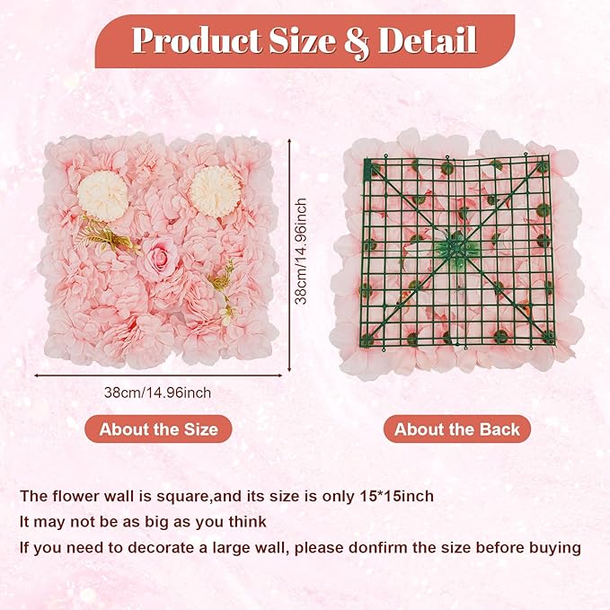 12Pcs Artificial Flower Wall Panel 3D Floral Backdrop Walls 15" X 15" Flower Wall Decor Flower Backdrop Faux Flowers Panel for Party Home Background Decor, Pink/Champagne
