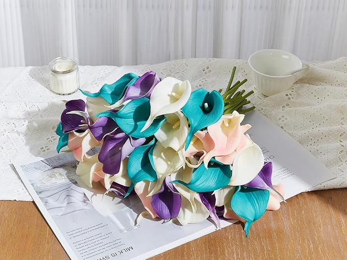 24 Pcs Artificial Calla Lily Flowers Colorful Fake Silk Flowers Real Touch for Wedding Bouquet Office Home Kitchen Decor
