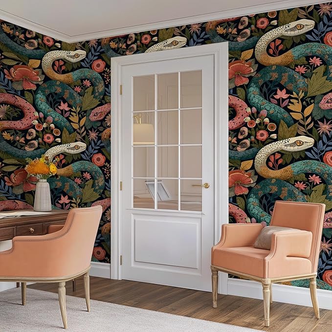 Floral Peel and Stick Modern Animal Contact Paper Whimsical Snake Removable Botanical Leaf Wallpaper 17.7" x 118.11" Wall Paper Watercolor Self Adhesive for Classroom Bedroom laundry room bathroom