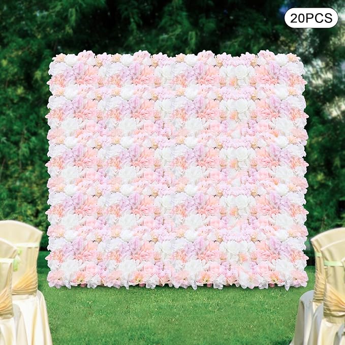 20 Pack Flowers Wall Panels Artificial Flowers Wall Decoration Flower Wall Mat Silk Flower Panels Rose Hydrangea Wall Backdrop for Wedding Party Home Christmas Festival, 24 x 16 inch (B)