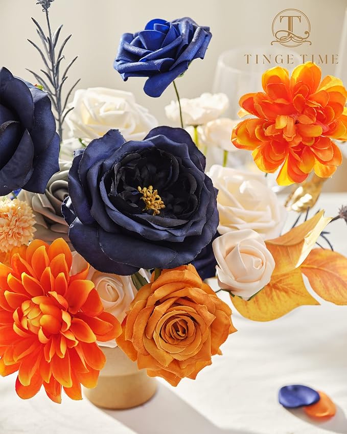 TINGE TIME Artificial Flowers Burnt Orange & Navy Blue Flower Combo for DIY Wedding Bouquets Table Centerpieces Arrangements Party Baby Shower Home Fall Decorations