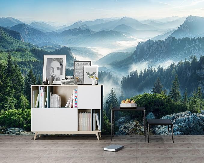 WFBHUA-Misty Pine Forest Wallpaper Peel and Stick Foggy Mountain Scenery Self Adhesive Wall Mural for Living Room 82"x57"