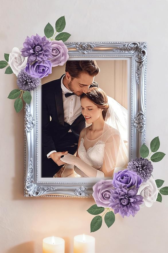 Artificial Flowers Combo Box Set Gradient Color Flower Leaf with Stems for DIY Wedding Bouquets Centerpieces Baby Shower Party Home Decorations (Lavender Purple)