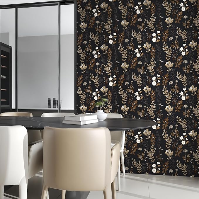 Black Floral Peel and Stick Wallpaper 17.4" x 197" Vintage Dark Gold Leaf Contact Paper Waterproof Self-Adhesive Vinyl Wall Covering for Bedroom Bathroom Countertop Cabinets, Boho Wall Decor