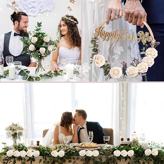 Artificial Flowers 50PCS Champagne Roses Real Looking Foam Fake Roses with Leaves and for DIY Wedding Bouquets Bridal Shower Centerpieces Party Decorations (Champagne)