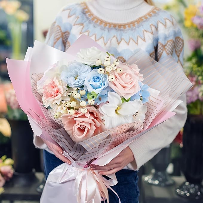 Artificial Flowers, Fake Flowers for DIY English Pastel Flower Box Wedding Bouquet Table Centerpieces Baby Shower Gender Reveal Party Home Décor