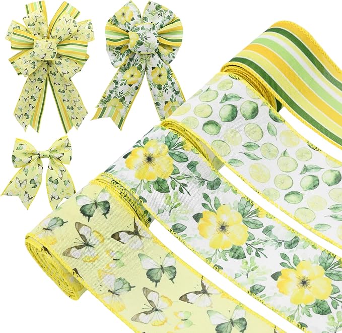 4 Rolls Floral Wired Edge Ribbon – Spring Summer Yellow Grosgrain with Butterfly, Lemon & Flower Motifs for Gift Wrapping, Wedding Decor, DIY Crafts (2.5 Inch, 5 Yards Each), Mother's Day Gift