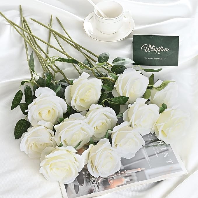 Waipfaru 16 Pcs Artificial Flowers Fake Silk White Roses Bulk, Faux Real Touch Roses Bouquet with Long Stem for Wedding Party Home Decor (White)