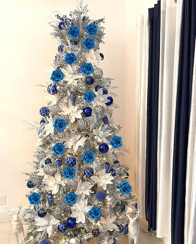 IPOPU Fake Roses,25PCS Blue Roses Glitter Roses Artificial Roses with Stems for Cake Wedding Bouquet Home Party Decoration(Blue)
