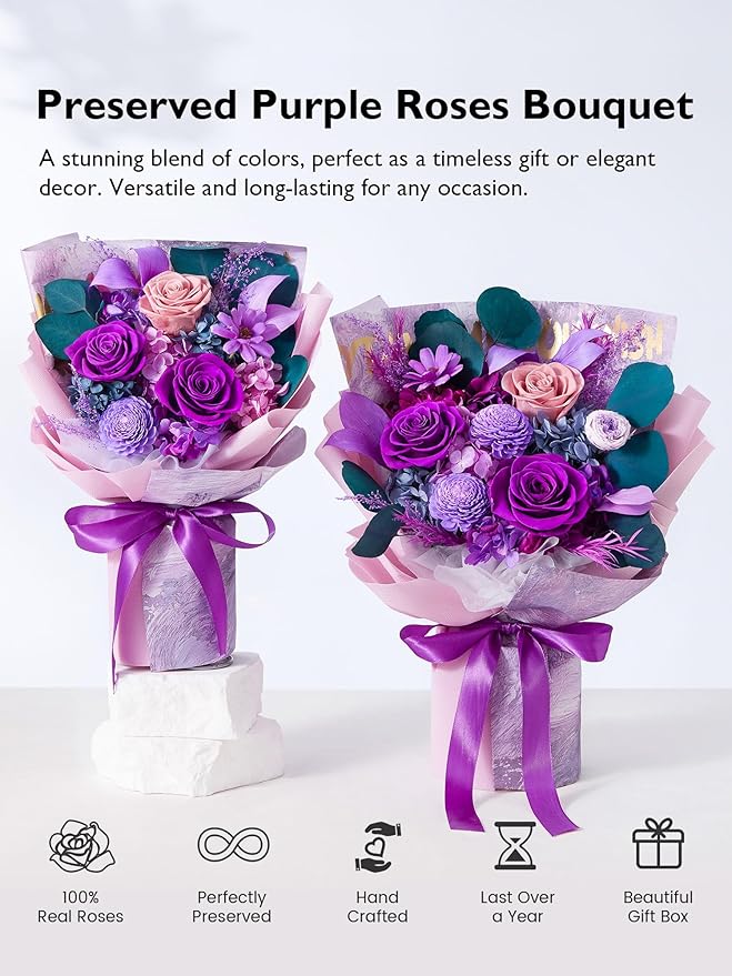 Eterfield Flowers for Delivery Prime, Forever Flowers Bouquet, Preserved Roses and Purple Flowers Birthday Gifts for Her Women Wife Mom Grandma Graduation Valentine's Day Mother's Day