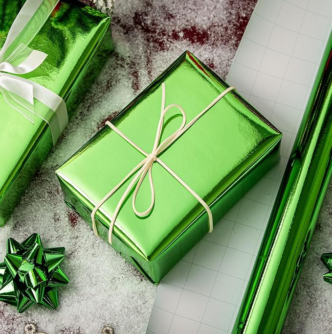 Merture Green Wrapping Paper Roll - 17 In X 33 Ft(46.5 sq.ft.) Metallic Green Solid Color Gift Wrap for Christmas, Fathers Day, Baby Shower, Gender Reveal Party, Hanukkah