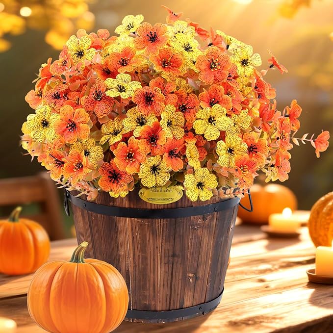 12 Bundles Artificial Fake Mums Flowers for Outdoor Faux Silk Orange Yellow Daisy Realistic UV Resistant No Fade Fake Plants Flowers for Planter Porch Patio Indoor Thanksgiving Decor