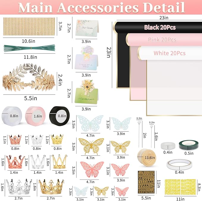 260Pcs Flower Bouquet Wrapping Paper Kit, 60 Sheets Waterproof Paper, 36 Butterflies, 8 Crowns, 1 Headband, 4 Ribbons, 15 Cards, 100 Diamond Pins, 30 Floral Wire, 3 Stickers, 3 Tapes (3 Mix Colors)