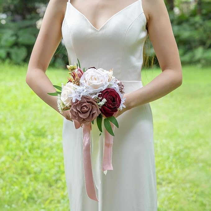 ponatia Dusty Rose Wedding Bouquets for Bride Bridesmaid, Burgundy Wedding Artificial Roses Flowers for Wedding Bouquets Ceremony, Anniversary (Burgundy & Dusty Rose)