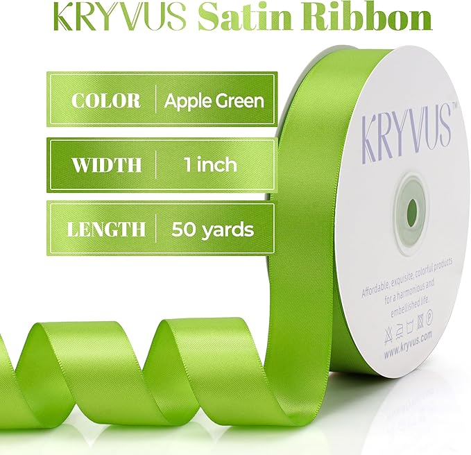 Apple Green Satin Ribbon, Double Faced 1 Inch X 50 Yards Apple Green Ribbon, Premium Satin Ribbon for Gift Wrapping, Crafts, Hair Bow Making, Sewing, Flower Bouquet, Wedding Party Decor
