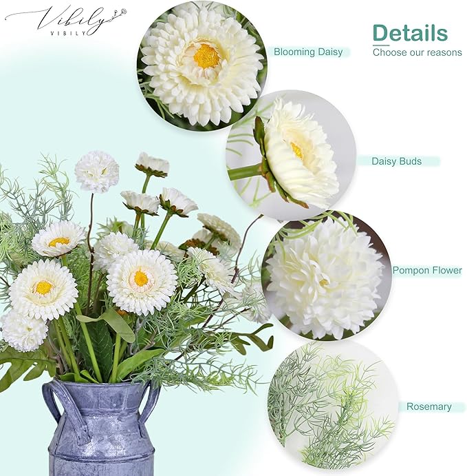 White Artificial Daisy Flowers Fake Daisies and Kiku Flower Fake Florals Arrangements Table Centerpieces (White)