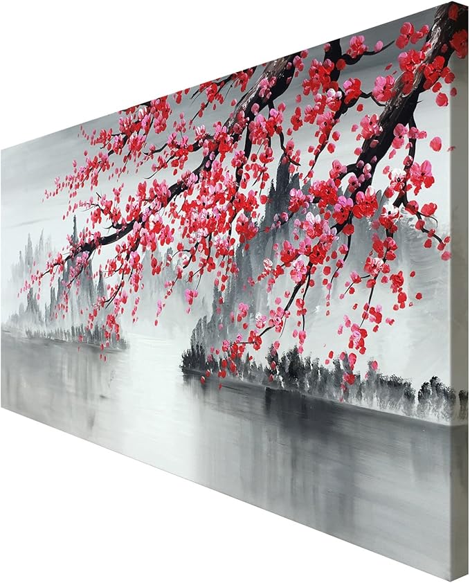 Handmade Traditional Chinese Oil Painting Pink Plum Blossom Canvas Wall Art Modern Black and White Landscape Artwork