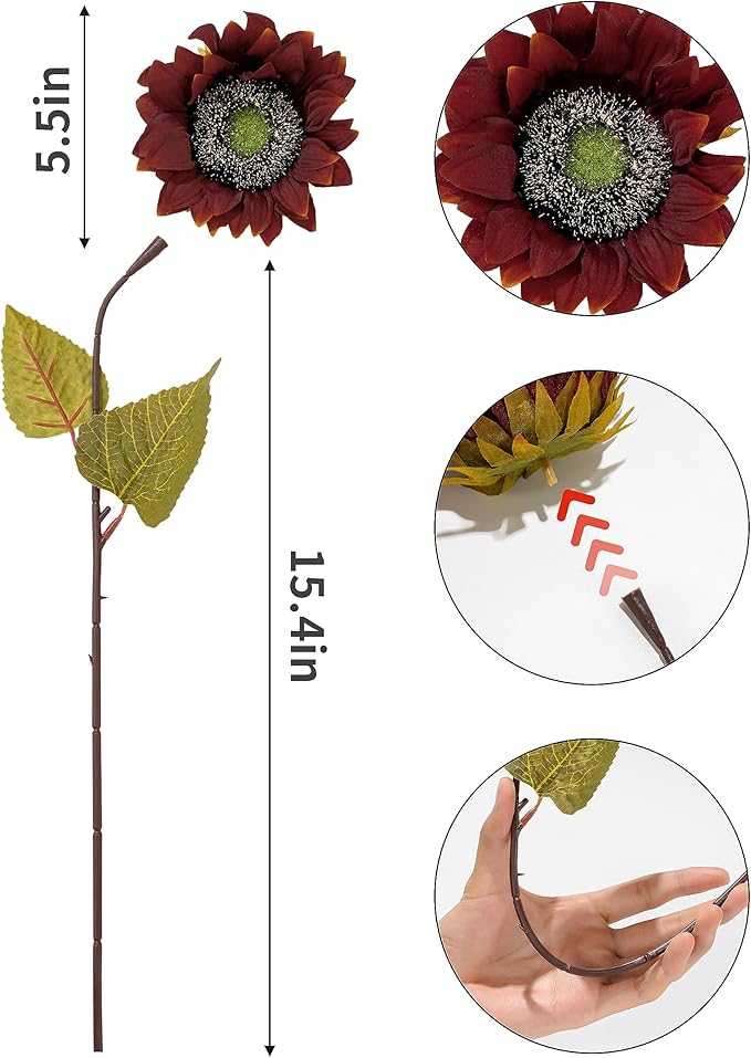 DuHouse 12pcs Artificial Sunflowers with Stems 5.5" Silk Sunflowers Bulk for Wedding Home Garden Outdoor Party Decoration(Red)