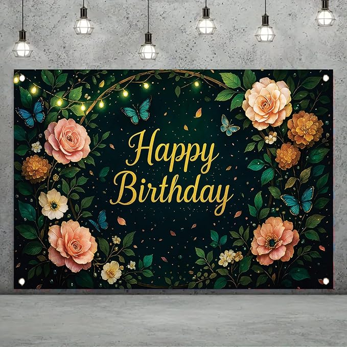 Greenery Birthday Backdrop Sage Green Floral Butterfly Banner String Lights Party Decorations Photography Background for Women Girls Birthday Supplies Photo Booth Prop 71 x 43 Inch