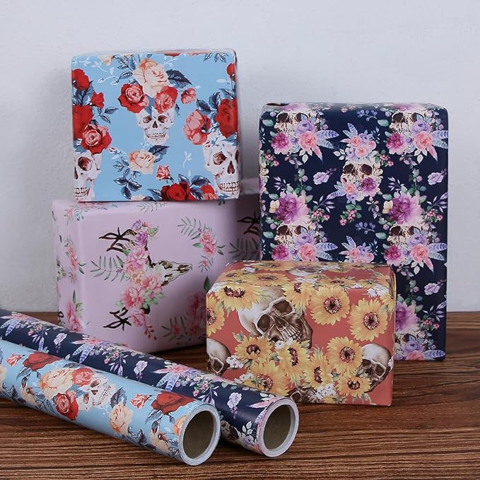 Aimyoo Orange Skull Sunflower Wrapping Paper Jumbo Roll 17 in x 60ft, Horror Gothic Gift Wrap Paper for Halloween Wedding Bridal Shower