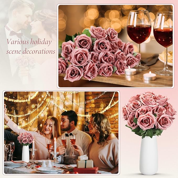 Hotop 20 Pcs Artificial Rose Flowers with Long Stem,Real Touch Silk Realistic Plastic Bouquet Roses Bulk for Home Decor Bridal Wedding Party Table Centerpieces Decorations(Dusty)