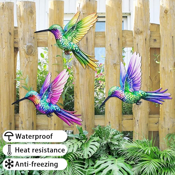 John's Studio 3Pcs Metal Hummingbird Wall Decor Outdoor Garden Hanging Art Sculptures Home Theme Decorations for Kitchen Bathroom and Pool