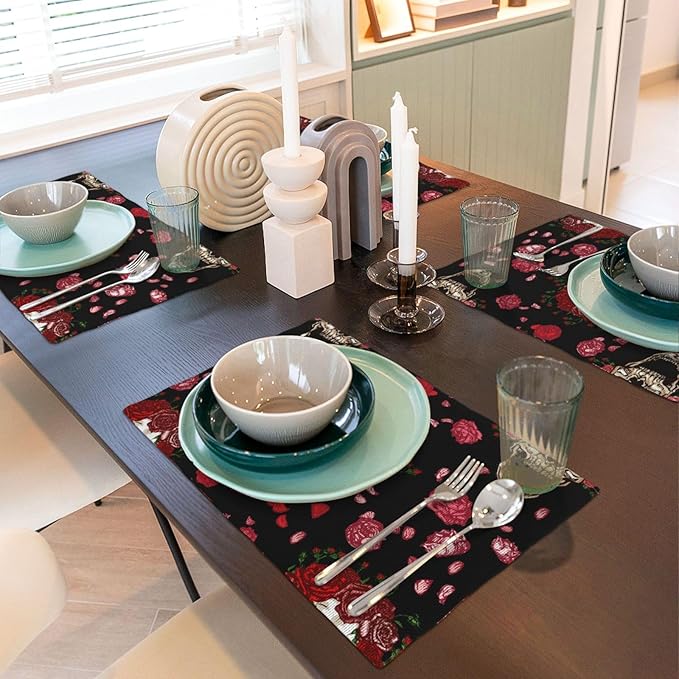Placemats 4 pcs Skull Flower Double-Layer Imitation Linen Place Mats Non-Slip Heat-Resistant Tablemats for Home Restaurant Hotel 18×12 Inch