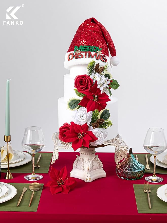 FANKO Christmas Artificial Flowers Rose: Red Poinsettias Artificial Fake Silk Red & White Rose Combo Set for DIY Tree Decor Xmas Wreath Floral Arrangements Centerpieces
