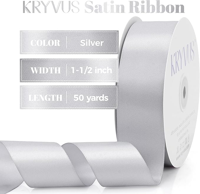 Silver Satin Ribbon, Double Faced 1-1/2 Inch X 50 Yards Silver Ribbon, Premium Satin Ribbon for Gift Wrapping, Crafts, Hair Bow Making, Sewing, Flower Bouquet, Wedding Party Decor