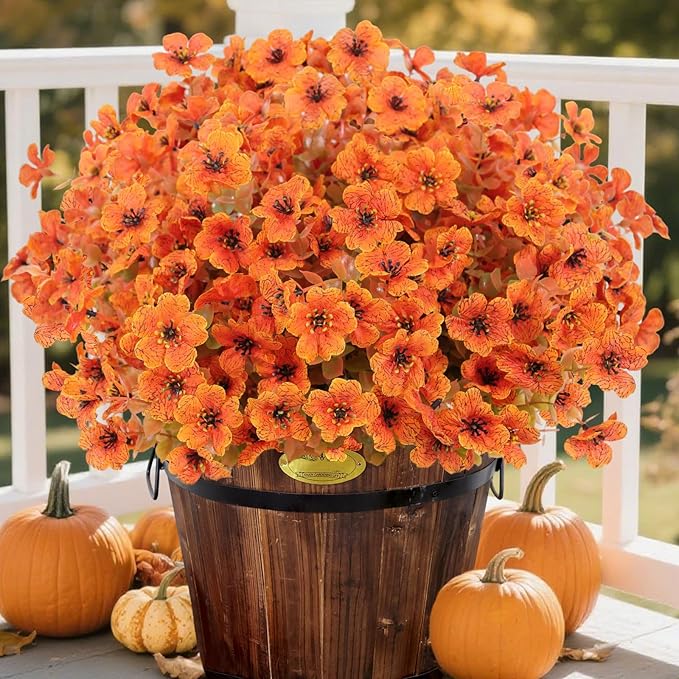 Fall Artificial Flowers for Outdoors Fake Mums for Outside 12 Bundles Faux Silk Orange Dasiy Flower Look Real UV Resistant No Fade Faux Fall Flowers for Front Door Porch Autumn Decoration