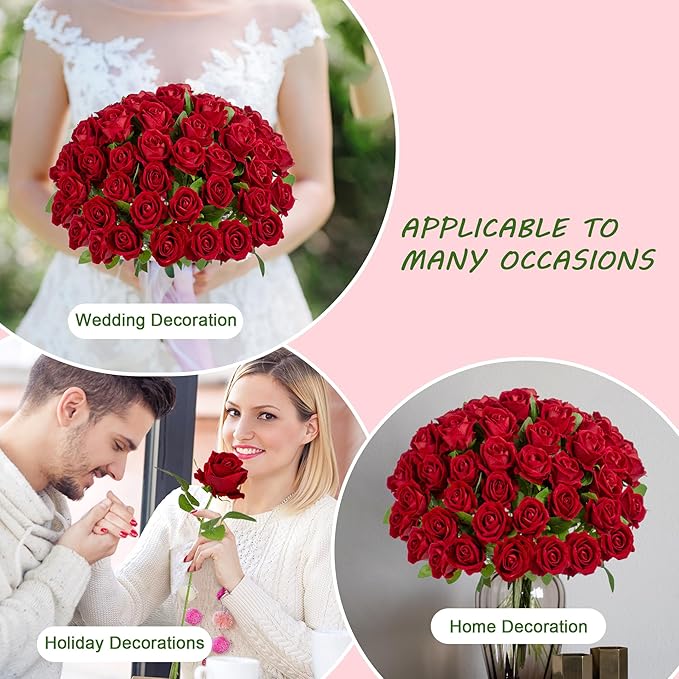 Fake Plants Roses Flowers Plastic Flowers Spring Decorations for Home Gifts for Gf Roses Artificial Flowers for Vase Fake Flowers Home Decor Fake Plant 19.6”(50PCS Red)