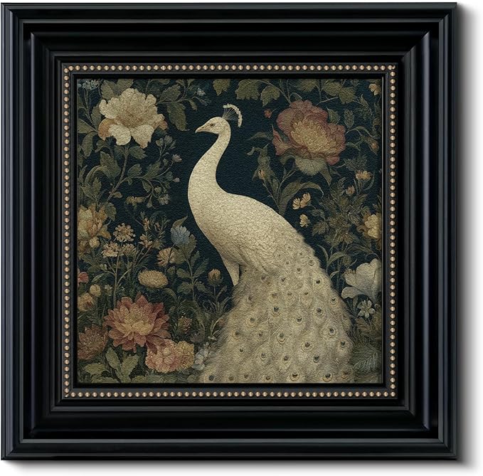 Vintage 3D Textured White Peacock Framed Wall Art 16x16 Inch, Square Bird and Floral Artwork Sandstone Panel Botanical Print, Rustic Living Room Bedroom Office Farmhouse Entryway Home Decor