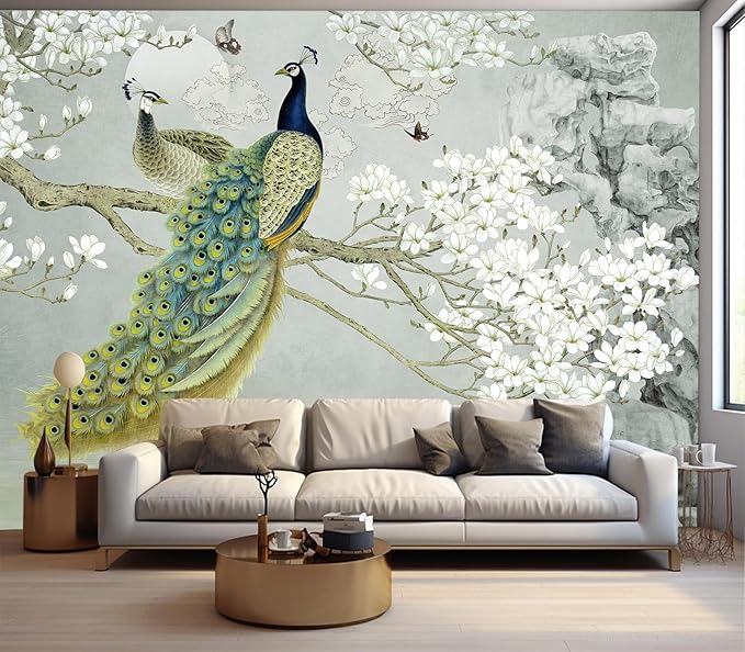 Eierme-Flower Pattern Peacock Illustration Wallpaper Mural Wallpaper Peel and Stick 90" x 67"