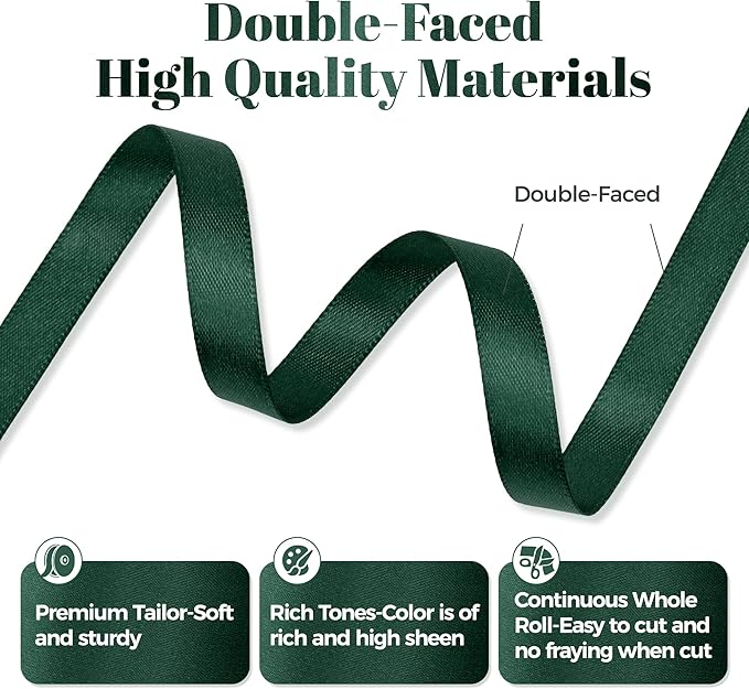 Hunter Green Satin Ribbon, Double Faced 3/8 Inch X 50 Yards Hunter Green Ribbon, Premium Satin Ribbon for Gift Wrapping, Crafts, Hair Bow Making, Sewing, Flower Bouquet, Wedding Party Decor