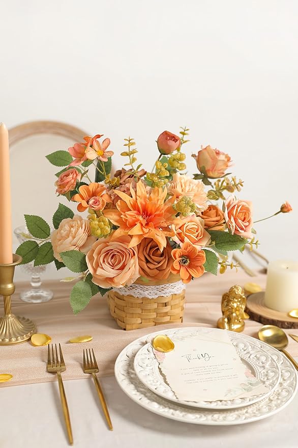 Orange Artificial Flowers Box Set for DIY Bridal Bouquets Wedding Shower Decorations Fake Floral Arrangements for Party Table Centerpieces Home Decor Indoor Outdoor